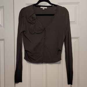 CAbi Dark Gray Button Down Shirt with Bow Detail